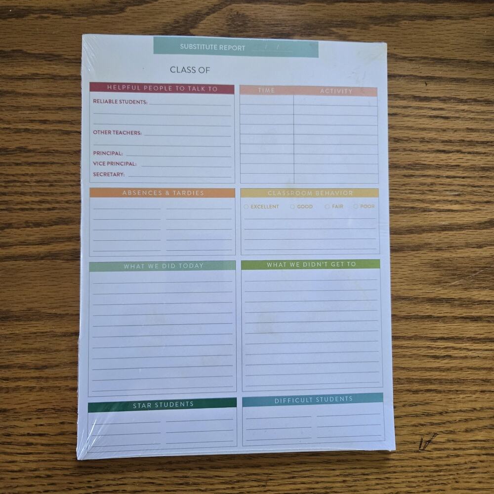 Erin Condren Substitute Teacher Report Notepad 7.5" x 10" 52 Sheets NEW